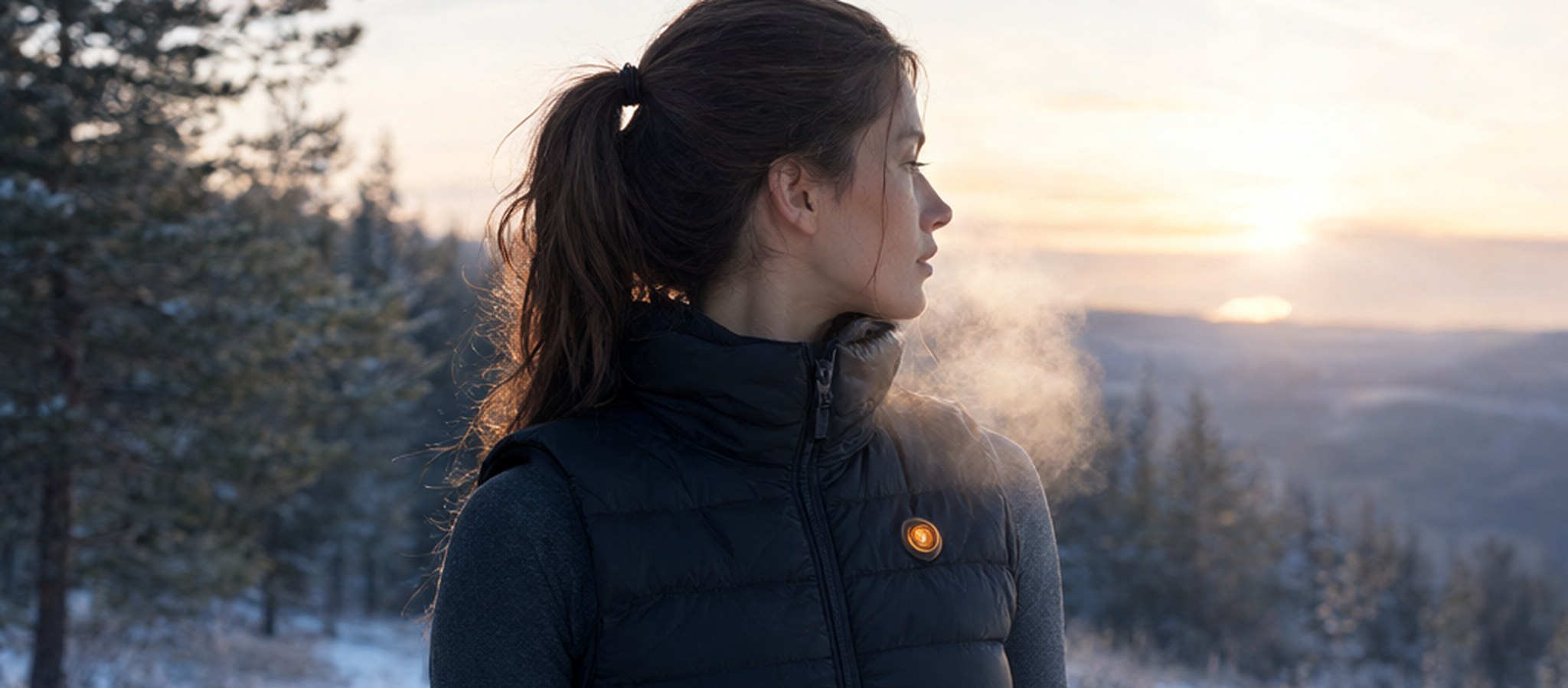 Woman in a black quilted heated vest on a frosty trail at dawn, face turned away