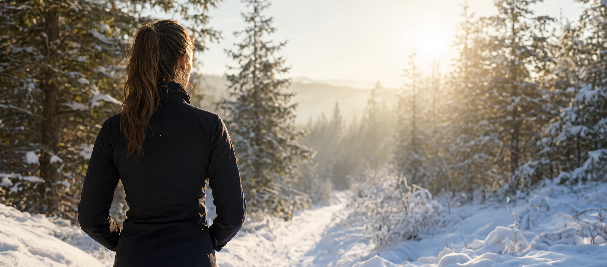 AI concept illustration: female model in a black heated softshell jacket on a snowy forest trail
