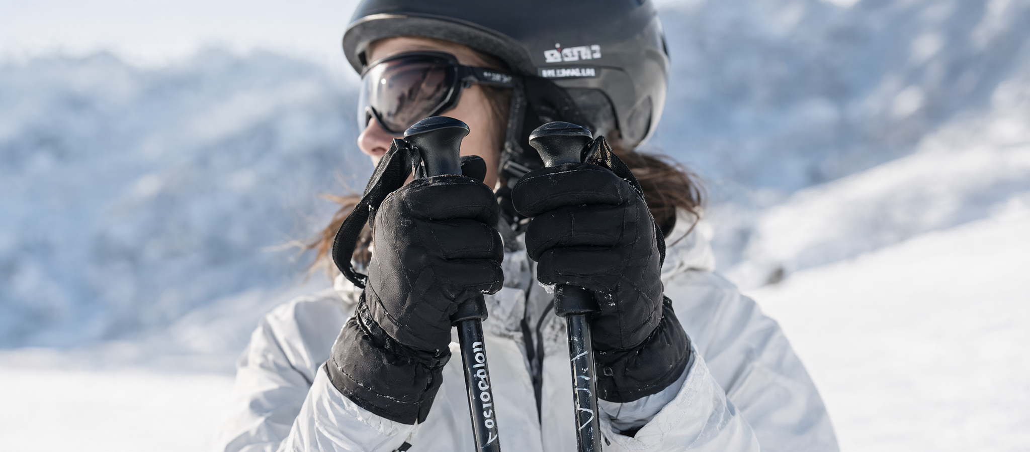 AI concept illustration: female skier's gloved hands in black heated ski gloves gripping ski poles