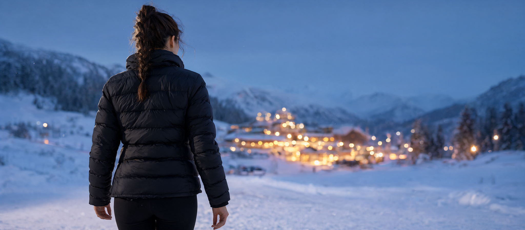 AI concept illustration: female model in a black heated puffer jacket on a snowy mountain path at blue hour