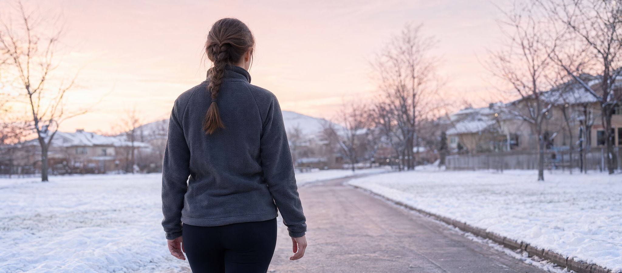 AI concept illustration: female model in a charcoal heated fleece jacket on a snowy park path at sunrise
