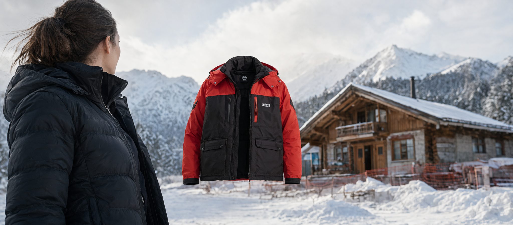 AI concept illustration: female model in a black heated puffer jacket beside a red and black heated work jacket