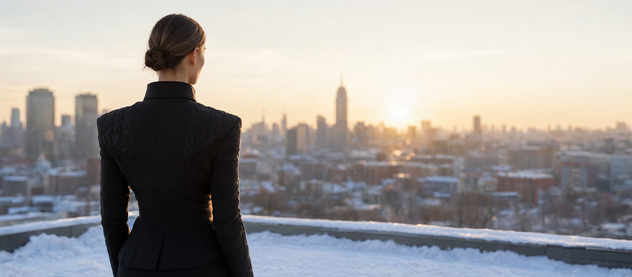 AI concept illustration: female model wearing a tailored black heated jacket on a snowy rooftop at golden hour