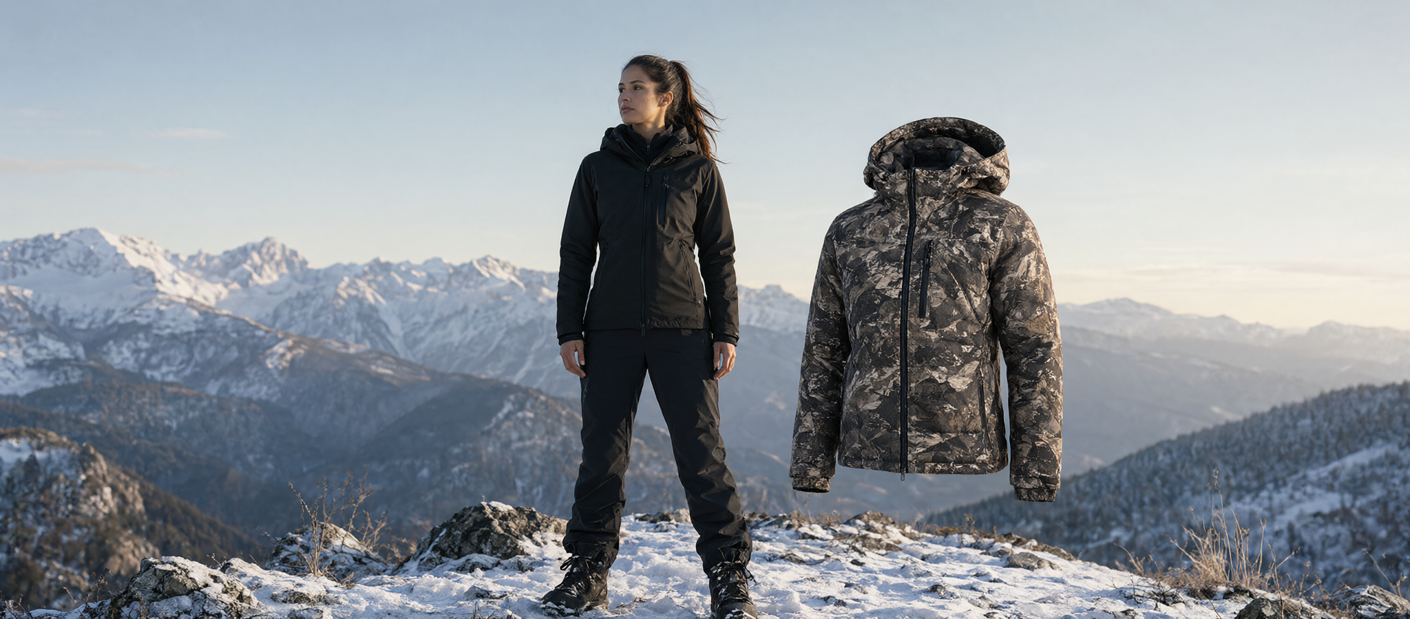 AI concept illustration: female model in a black heated jacket on a snowy ridge beside a camo heated jacket