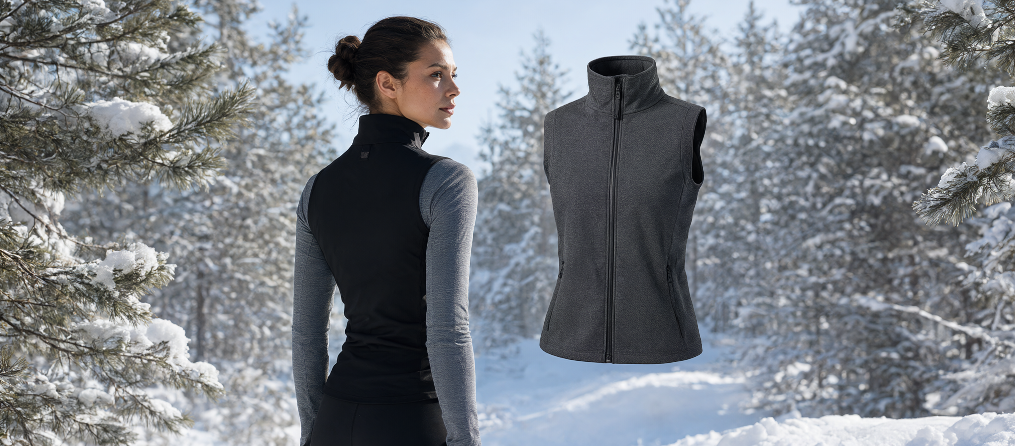 AI concept illustration: female model wearing a black heated vest in a snowy pine forest